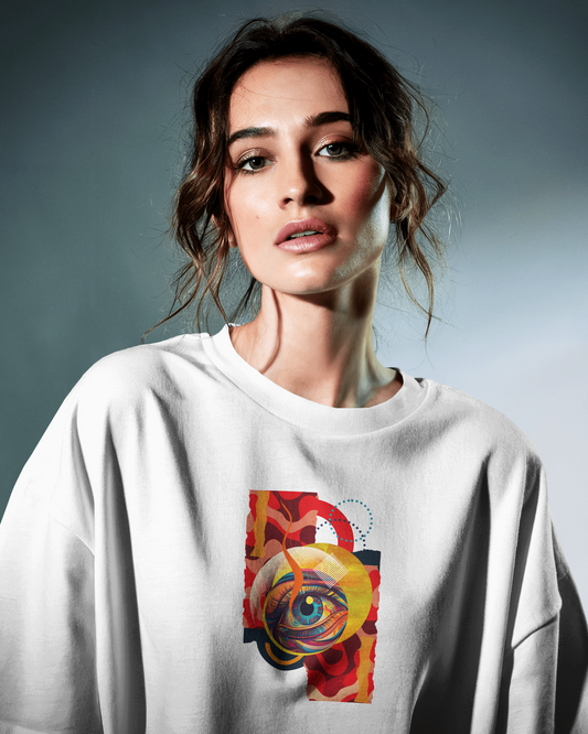 Visionary Gaze White Oversized T-Shirt for Women – Chic & Bold Abstract Eye Design Urban Streetwear Fashion