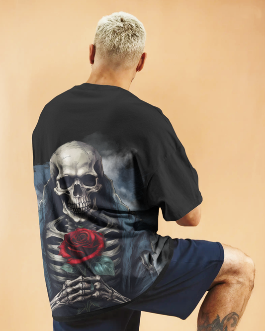 Rose of the Reaper Men's Oversized Black T-Shirt – Gothic Skeleton Rose Graphic Streetwear