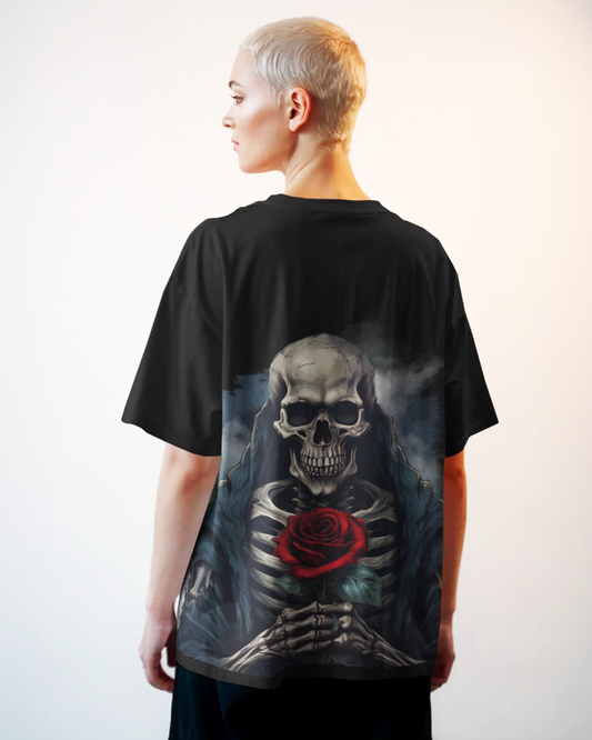 Rose of the Reaper Women's Oversized Black T-Shirt – Skeleton & Rose Graphic Tee