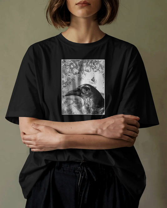 Watcher’s Curse – Black Oversized T-Shirt for Women & Girls Gothic Crow Graphic Tee Exclusive Artwork T-shirt