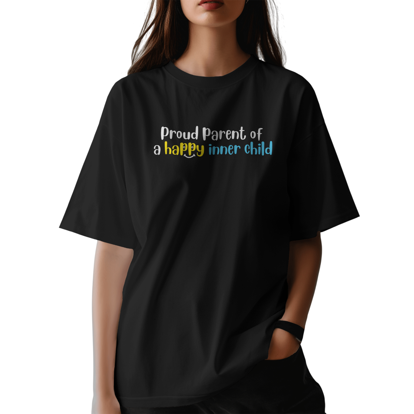 Proud Parent of a Happy Inner Child – Black Oversized Fit T-Shirt for Women & Girls