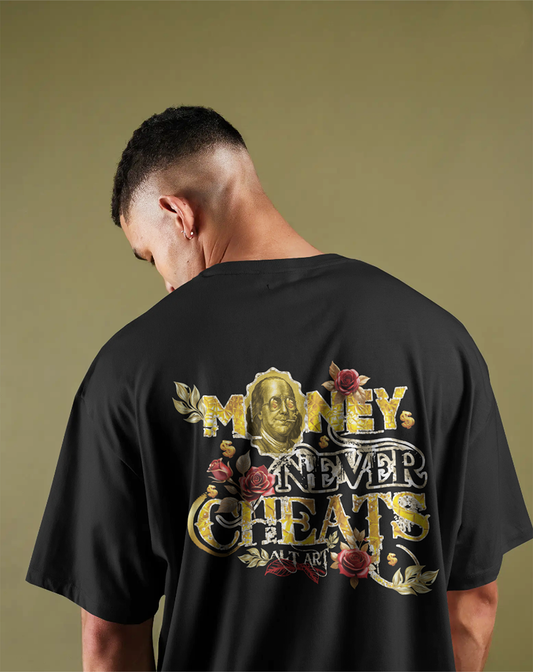 Money Never Cheats Men's Black Graphic Printed Oversized T-Shirt