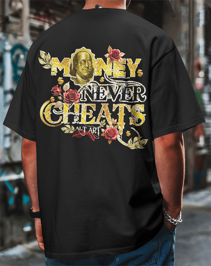 Money Never Cheats Men's Black Graphic Printed Oversized T-Shirt