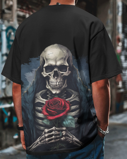 Rose of the Reaper Men's Oversized Black T-Shirt – Gothic Skeleton Rose Graphic Streetwear