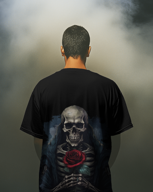 Rose of the Reaper Men's Oversized Black T-Shirt – Gothic Skeleton Rose Graphic Streetwear