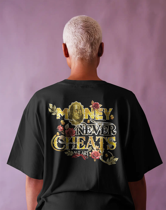 Money Never Cheats Women's Black Graphic Printed Oversized T-Shirt