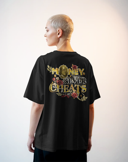 Money Never Cheats Women's Black Graphic Printed Oversized T-Shirt