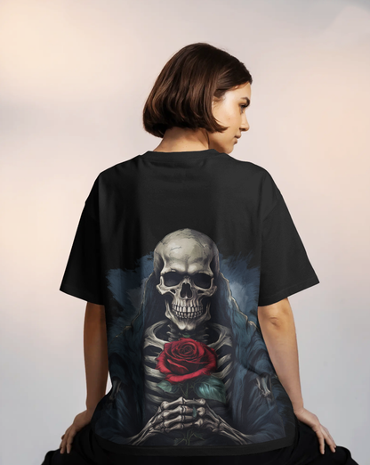 Rose of the Reaper Women's Oversized Black T-Shirt – Skeleton & Rose Graphic Tee