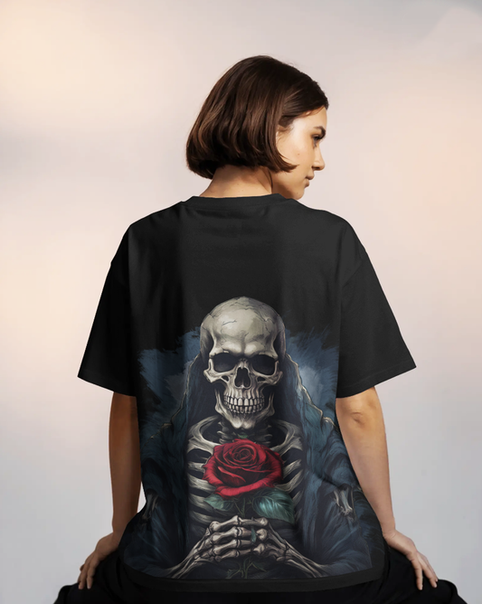Rose of the Reaper Women's Oversized Black T-Shirt – Skeleton & Rose Graphic Tee