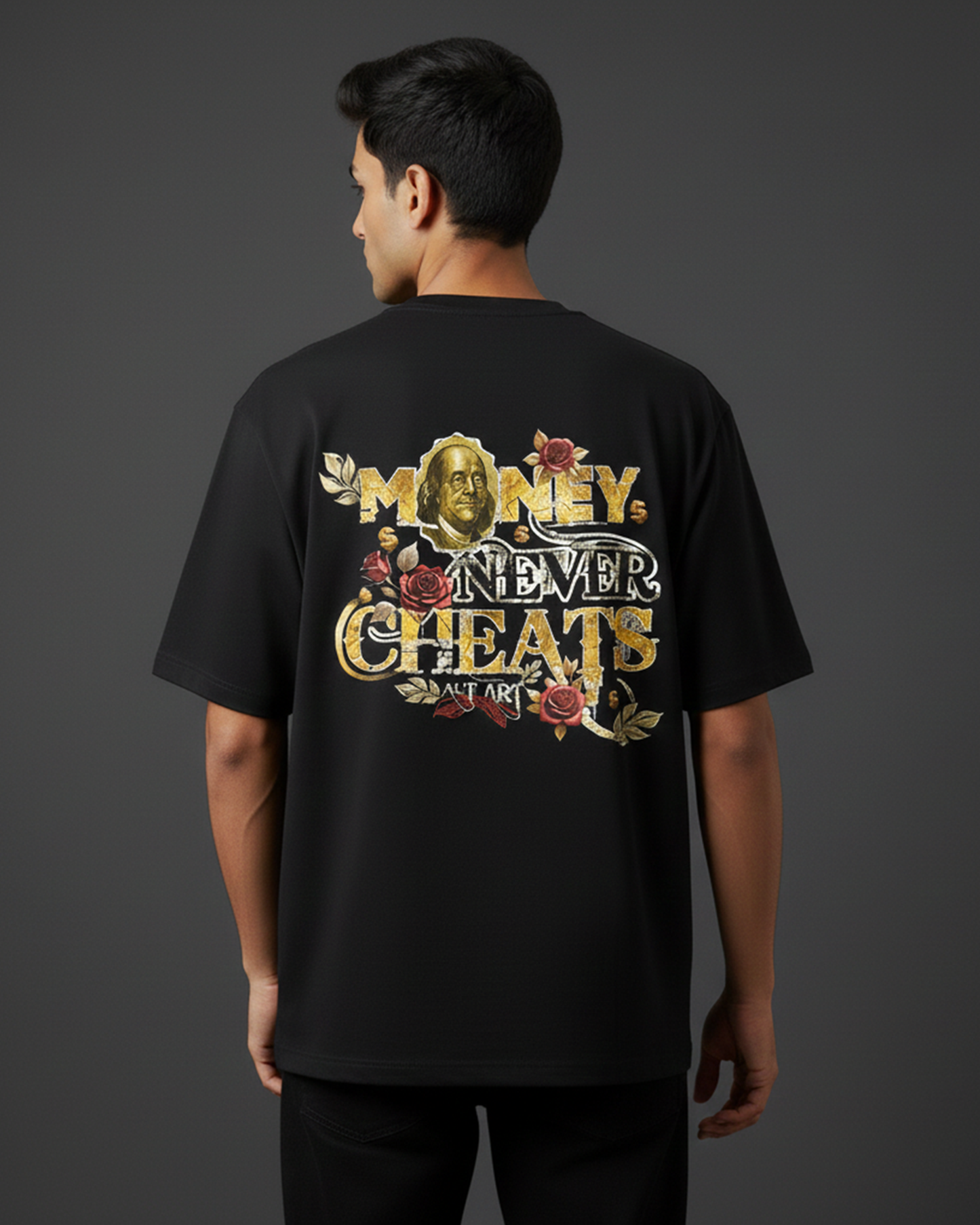 Money Never Cheats Men's Black Graphic Printed Oversized T-Shirt