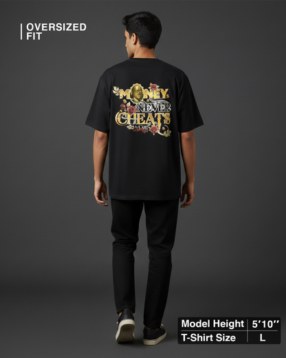 Money Never Cheats Men's Black Graphic Printed Oversized T-Shirt