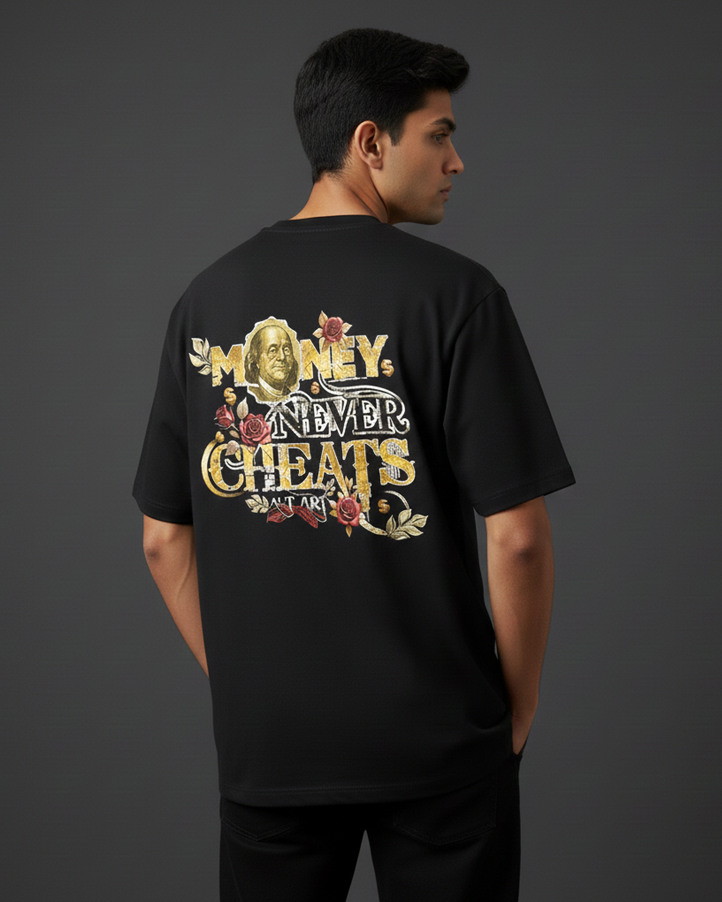 Money Never Cheats Men's Black Graphic Printed Oversized T-Shirt