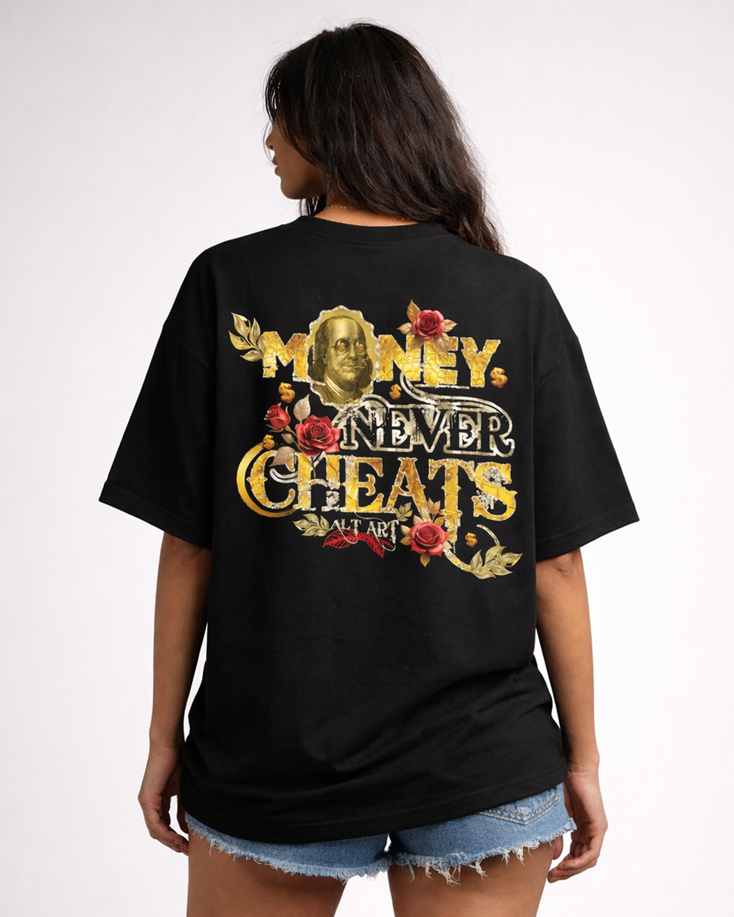 Money Never Cheats Women's Black Graphic Printed Oversized T-Shirt