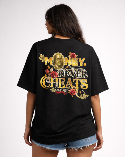 Money Never Cheats Women's Black Graphic Printed Oversized T-Shirt
