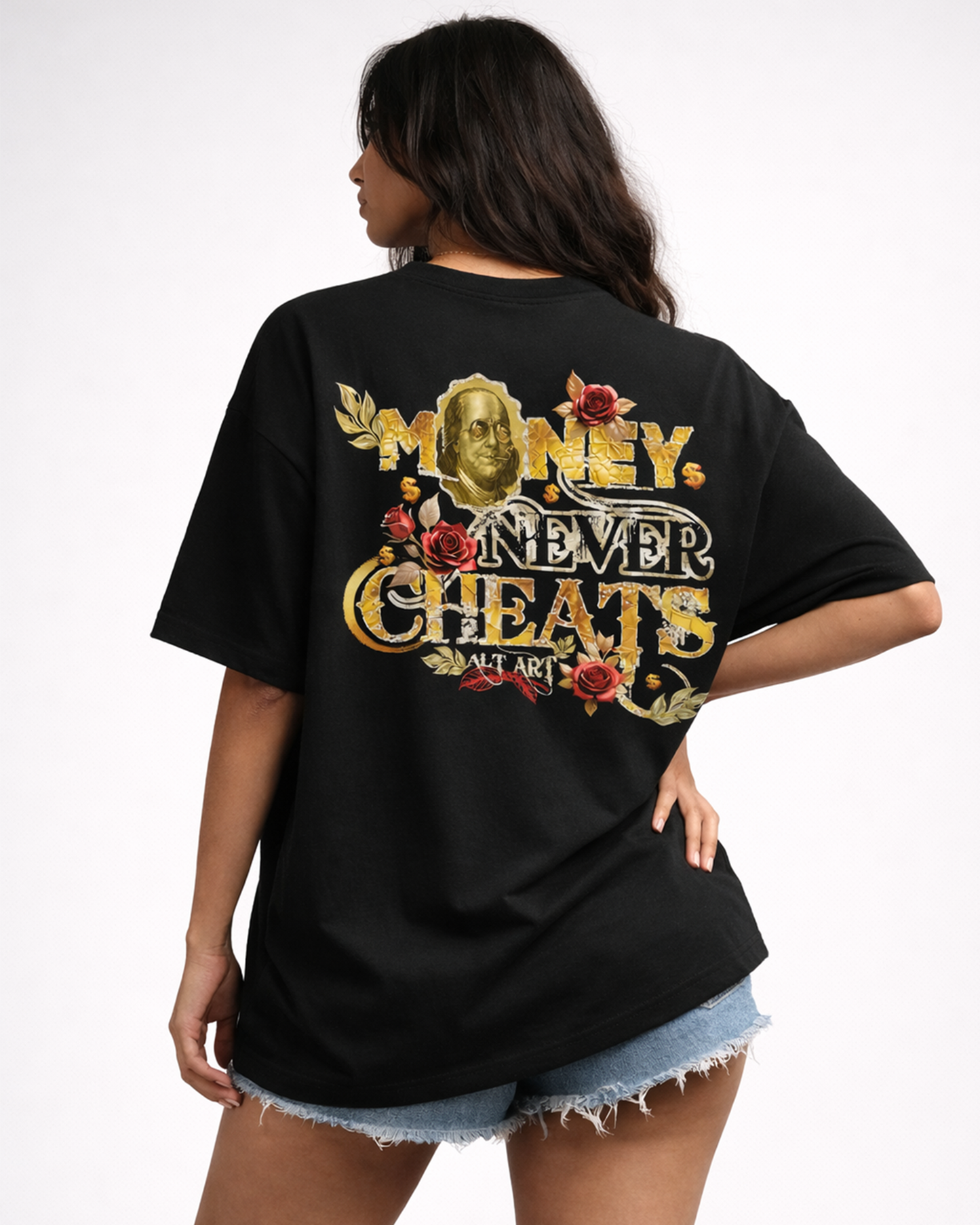 Money Never Cheats Women's Black Graphic Printed Oversized T-Shirt