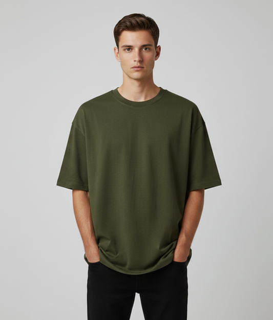 Moss Green Oversized T-Shirt for Men | Heavyweight Solid Cotton | Drop Shoulder Boxy Fit
