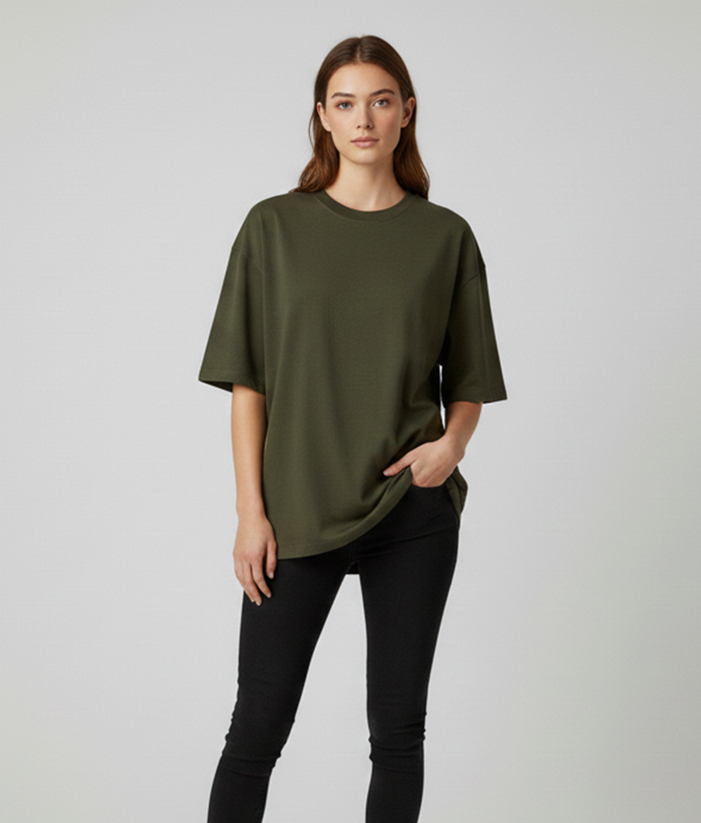 Moss Green Oversized T-Shirt for Women | Heavyweight Solid Cotton | Relaxed Drop Shoulder Fit
