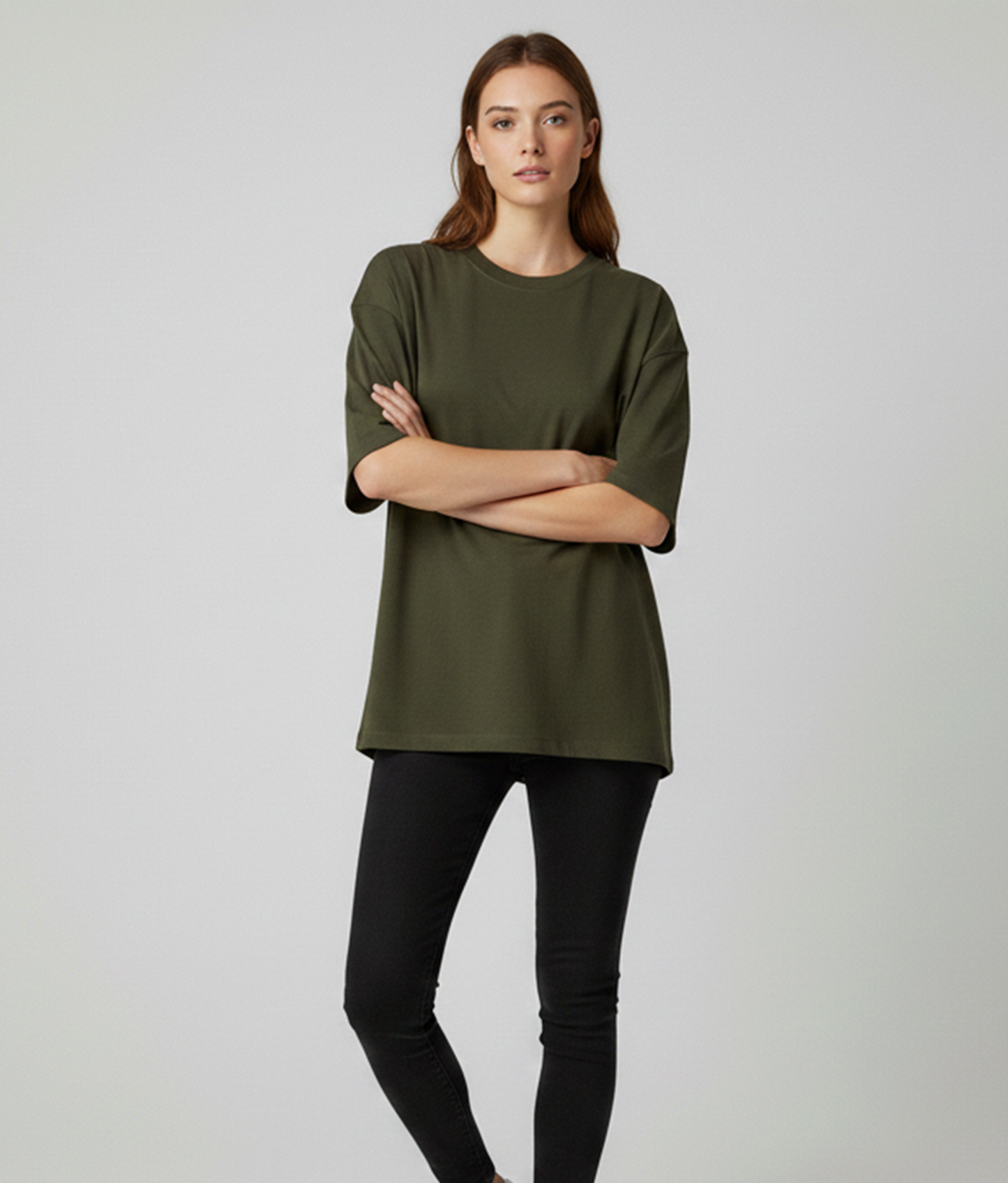 Moss Green Oversized T-Shirt for Women | Heavyweight Solid Cotton | Relaxed Drop Shoulder Fit