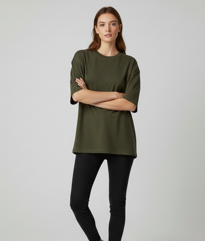 Moss Green Oversized T-Shirt for Women | Heavyweight Solid Cotton | Relaxed Drop Shoulder Fit