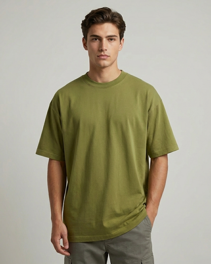 Moss Green Oversized T-Shirt for Men | Heavyweight Solid Cotton | Drop Shoulder Boxy Fit