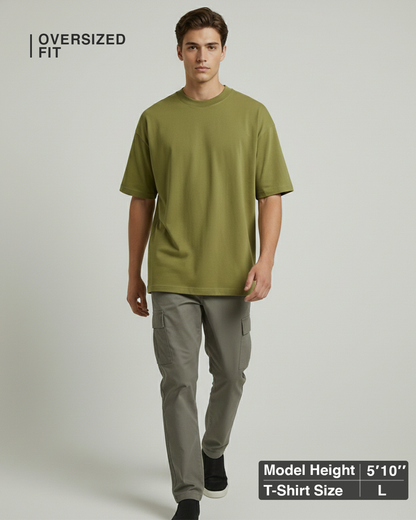 Moss Green Oversized T-Shirt for Men | Heavyweight Solid Cotton | Drop Shoulder Boxy Fit