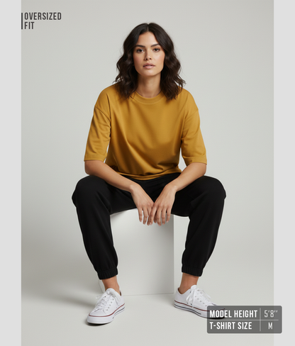 Mustard Yellow Oversized T-Shirt for Women | Heavyweight Solid Cotton | Relaxed Drop-Shoulder Boxy Fit
