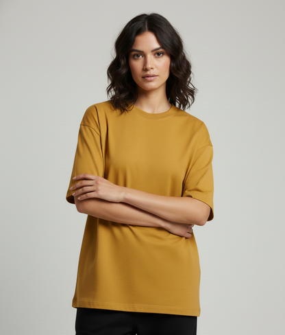 Mustard Yellow Oversized T-Shirt for Women | Heavyweight Solid Cotton | Relaxed Drop-Shoulder Boxy Fit