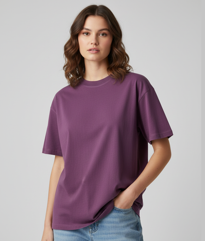 Plum Purple Oversized T-Shirt for Women | Heavyweight Solid Cotton | Relaxed Drop Shoulder Fit