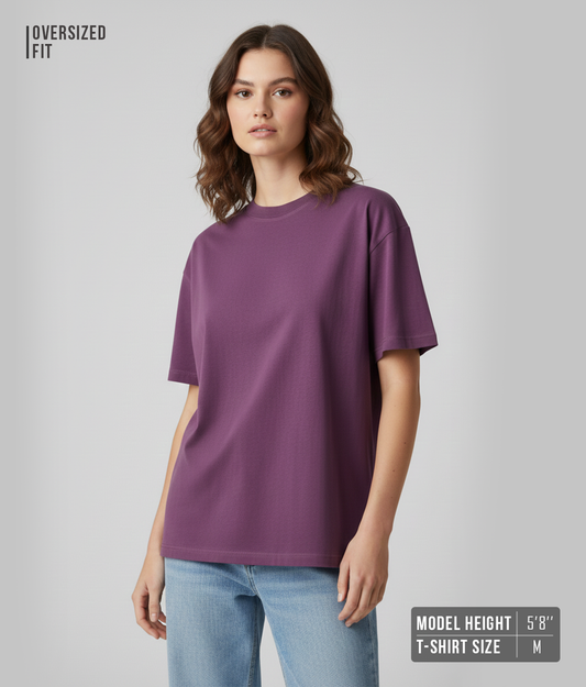 Plum Purple Oversized T-Shirt for Women | Heavyweight Solid Cotton | Relaxed Drop Shoulder Fit