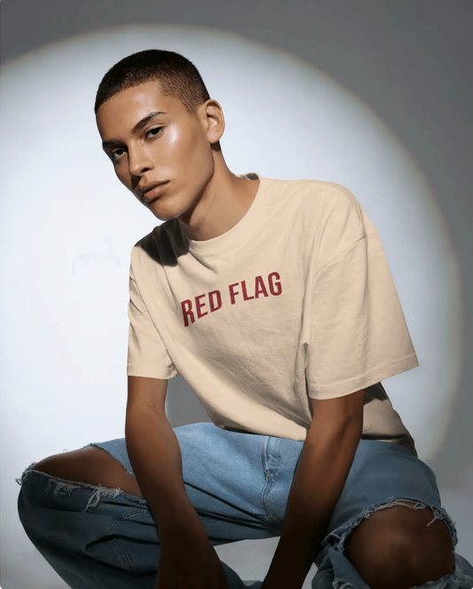 Red Flag Beige Oversized T-Shirt for Men | Funny Quote Streetwear Tee