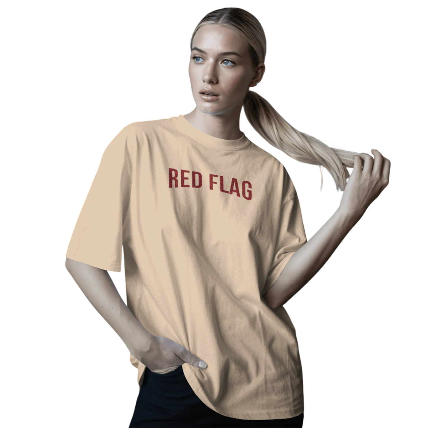 Red Flag Beige Oversized T-Shirt for Women | Funny Graphic Streetwear Tee