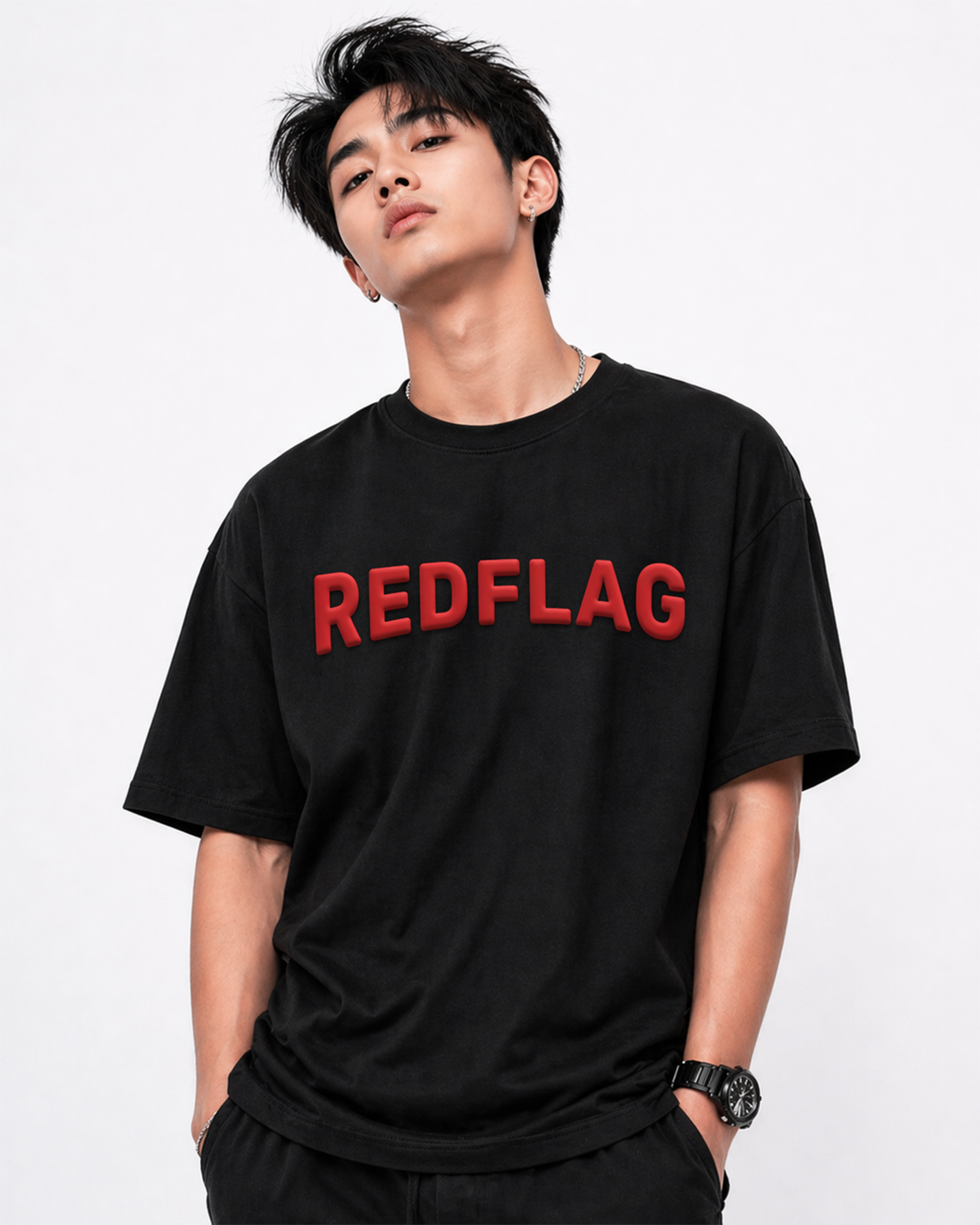 Red Flag Sarcastic Black Oversized T Shirt for Men | Funny Sarcastic Streetwear Tee