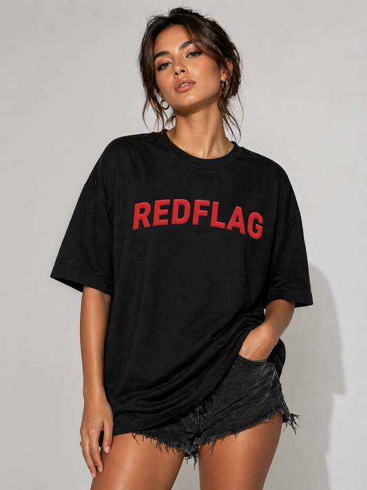 Red Flag Puff Print Black Oversized T Shirt for Women | Sarcastic Oversized Graphic Tee