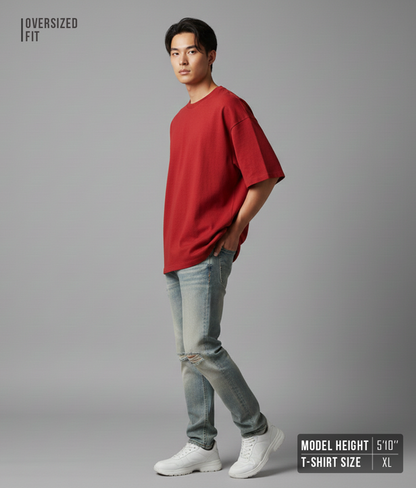 Red Solid Oversized T-Shirt for Men | Heavyweight Cotton | Boxy Fit Streetwear Tee