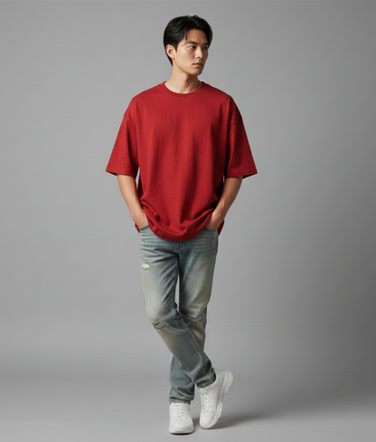 Red Solid Oversized T-Shirt for Men | Heavyweight Cotton | Boxy Fit Streetwear Tee