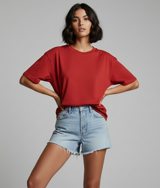 Red Solid Oversized T-Shirt for Women | Premium Heavyweight Cotton | Boxy Streetwear Fit