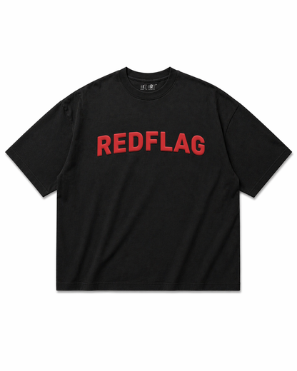 Red Flag Puff Print Black Oversized T Shirt for Women | Sarcastic Oversized Graphic Tee