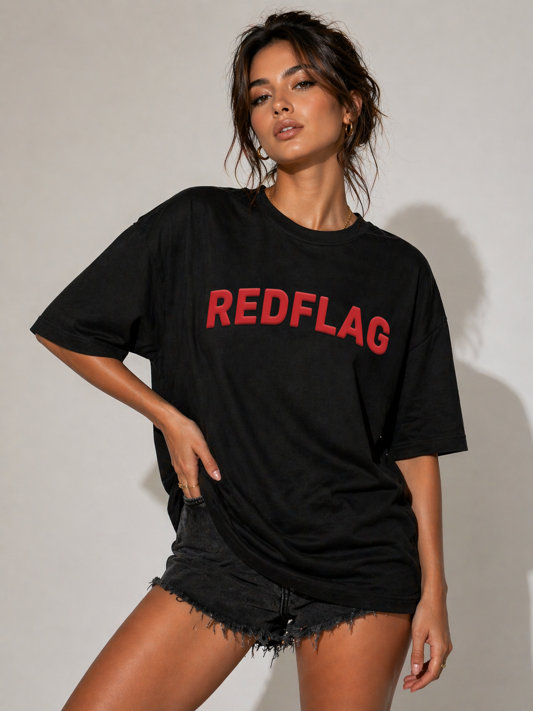 Red Flag Puff Print Black Oversized T Shirt for Women | Sarcastic Oversized Graphic Tee