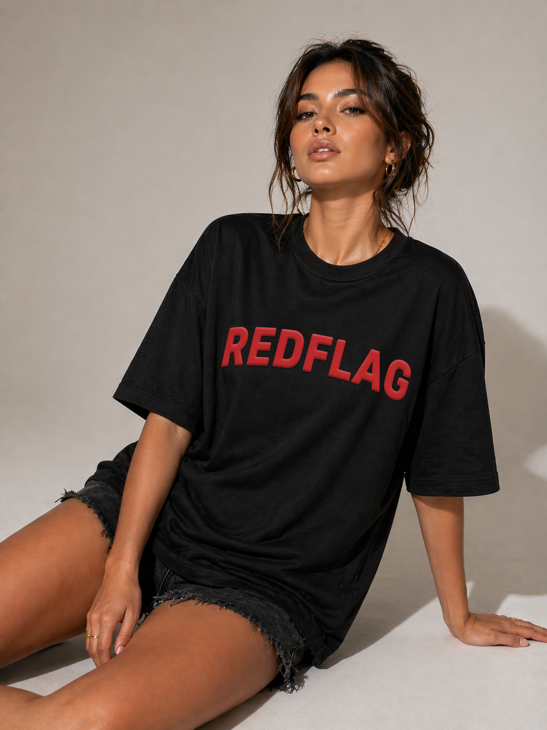 Red Flag Puff Print Black Oversized T Shirt for Women | Sarcastic Oversized Graphic Tee