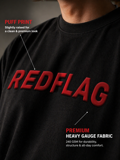 Red Flag Puff Print Black Oversized T Shirt for Women | Sarcastic Oversized Graphic Tee