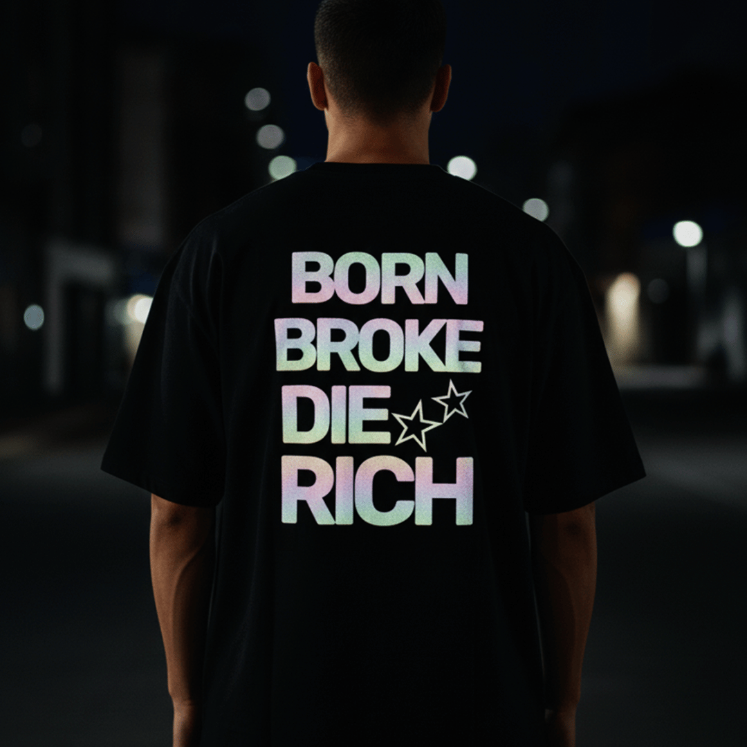 Die Rich Reflective Oversized T-Shirt for Men | Black Streetwear Cotton Tee