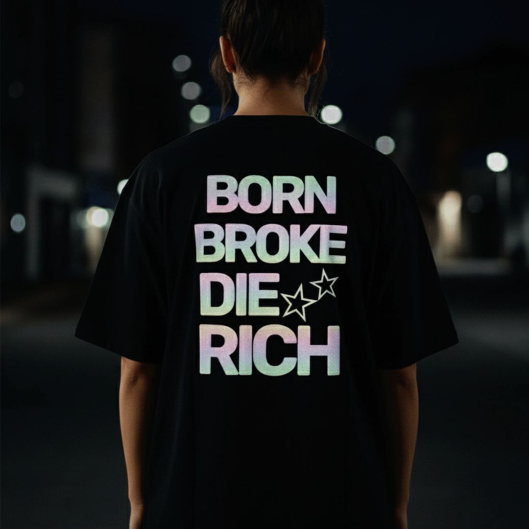 Die Rich Reflective Oversized T-Shirt for Women | Black Streetwear Cotton Tee