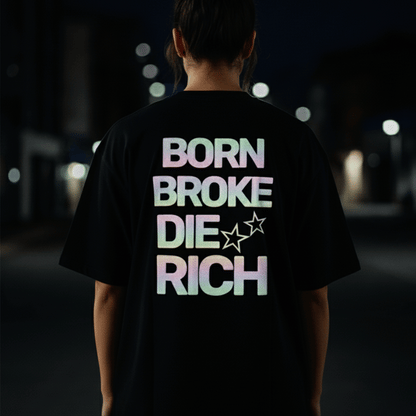 Die Rich Reflective Oversized T-Shirt for Women | Black Streetwear Cotton Tee