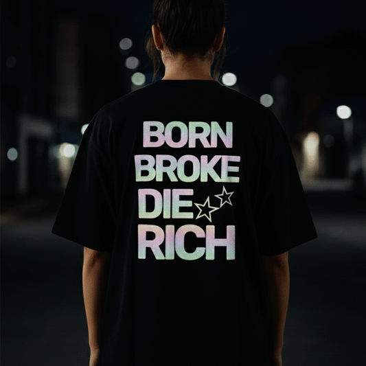 Die Rich Reflective Oversized T-Shirt for Women | Black Streetwear Cotton Tee