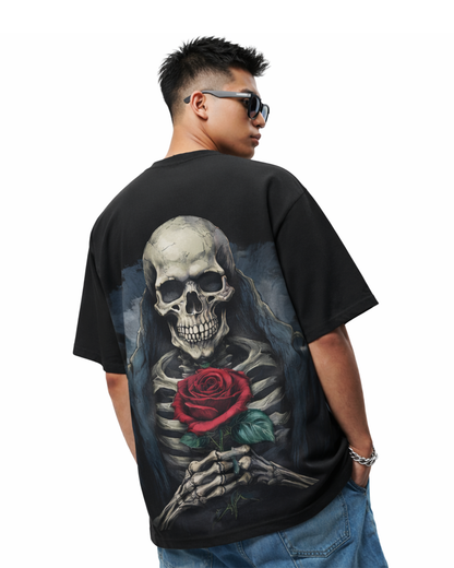 Rose of the Reaper Men's Oversized Black T-Shirt – Gothic Skeleton Rose Graphic Streetwear
