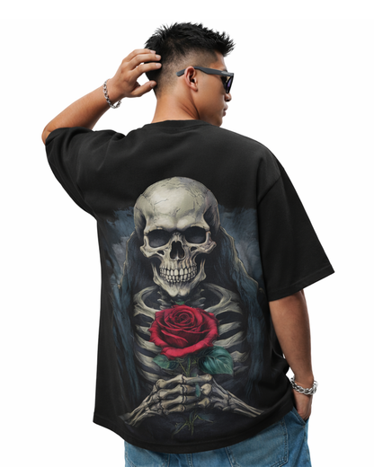 Rose of the Reaper Men's Oversized Black T-Shirt – Gothic Skeleton Rose Graphic Streetwear