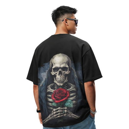 Rose of the Reaper Men's Oversized Black T-Shirt – Gothic Skeleton Rose Graphic Streetwear