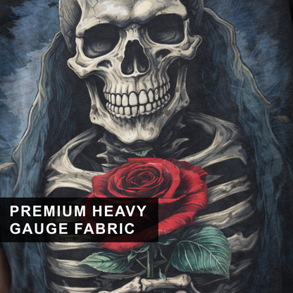 Rose of the Reaper Men's Oversized Black T-Shirt – Gothic Skeleton Rose Graphic Streetwear