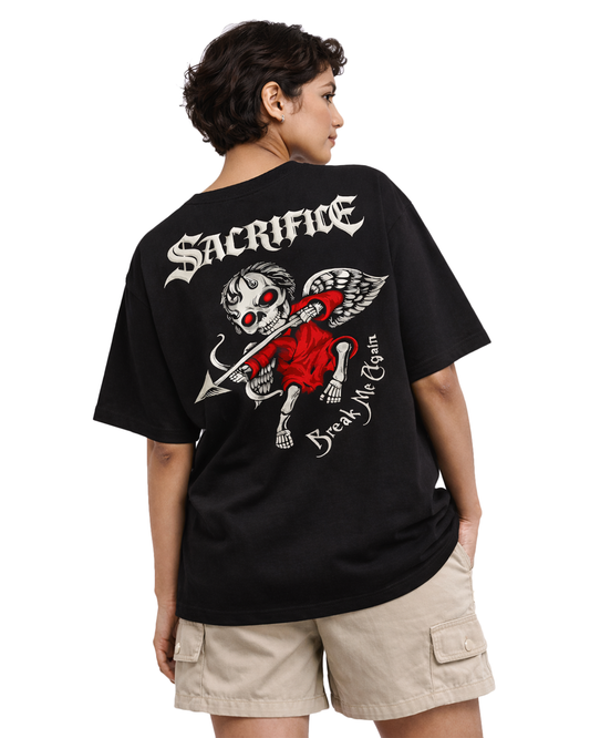Gothic Sacrifice Black Oversized T Shirt for Women | Skull Graphic Oversized Streetwear T-Shirt