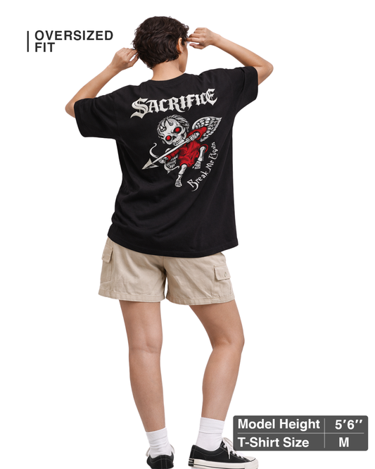 Gothic Sacrifice Black Oversized T Shirt for Women | Skull Graphic Oversized Streetwear T-Shirt